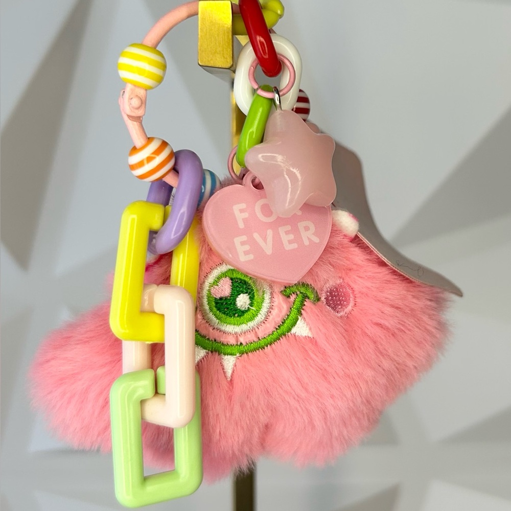 CUTE! Monster Pink Faux Fur Keychain Bag Backpack Phone Charm Star Y2K Gyaru